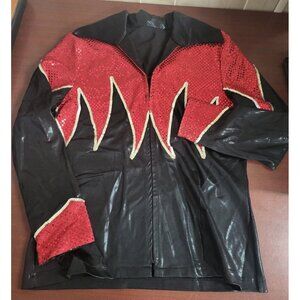Jacket Sequin Flames LARGE Black Red Zippered Large Collar Lightweight Western